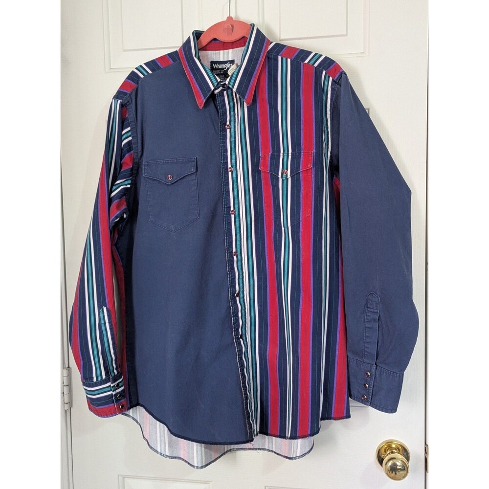 VTG Wrangler Western Snap L/S Shirt Mens XL Navy Striped Heavyweight Rodeo 90s